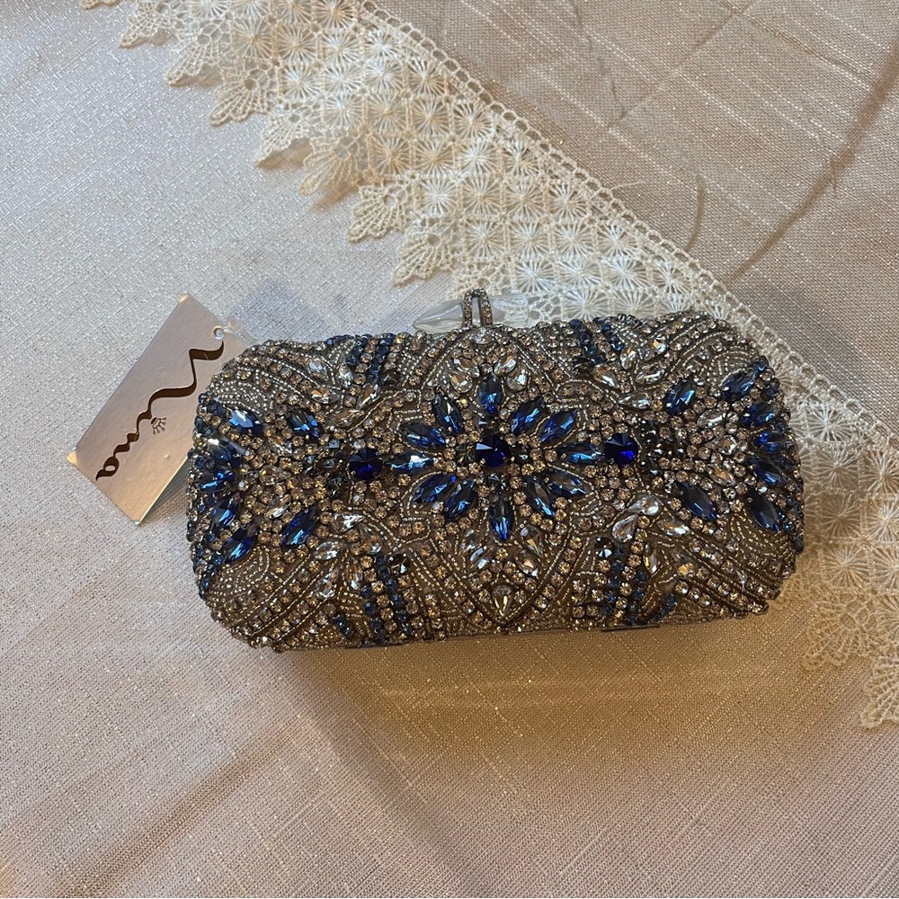 Nina Gelsey women’s Clutch bag | Silver/Blue Multi Glass Bead NWT - Picture 5 of 8